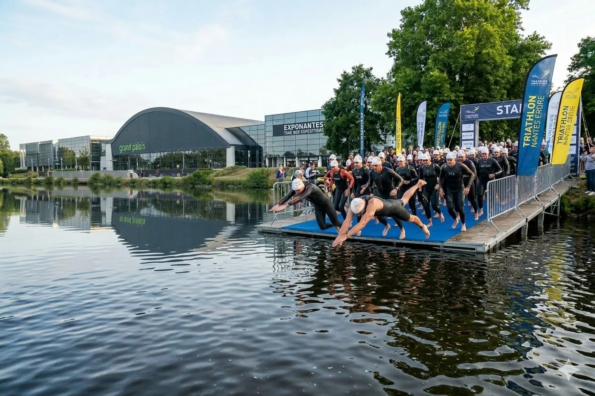 Athlètes en natation sur l'Erdre au lever du soleil, Nantes